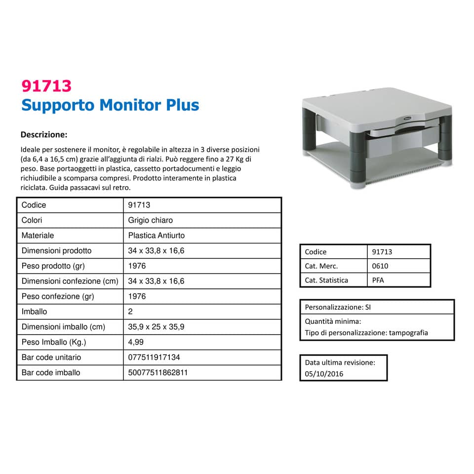 Supporto FELLOWES Premium Plus per monitor plastica riciclata grigio 34,3x33,3x6,4-16,5 cm - 91713