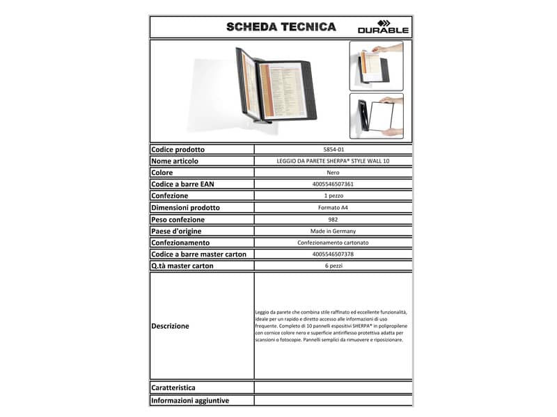 Leggio da parete DURABLE SHERPA® STYLE WALL 10 pannelli A4 nero 585401