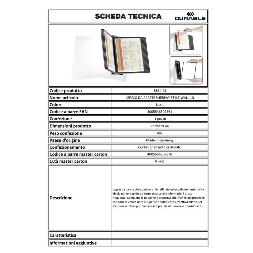 Leggio da parete DURABLE SHERPA® STYLE WALL 10 pannelli A4 nero 585401