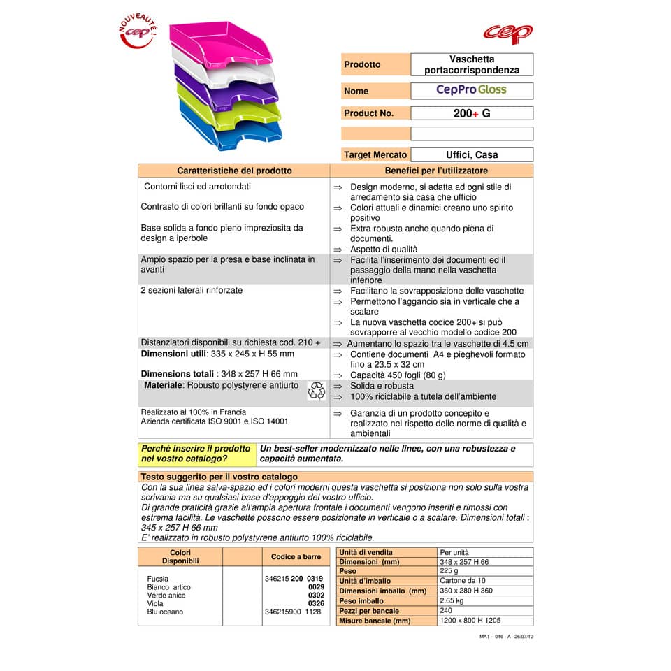 Vaschetta portacorrispondenza CepPro Gloss CEP in polistirene impilabile rosa 25,7x24,8x6,6 cm - 1002000371