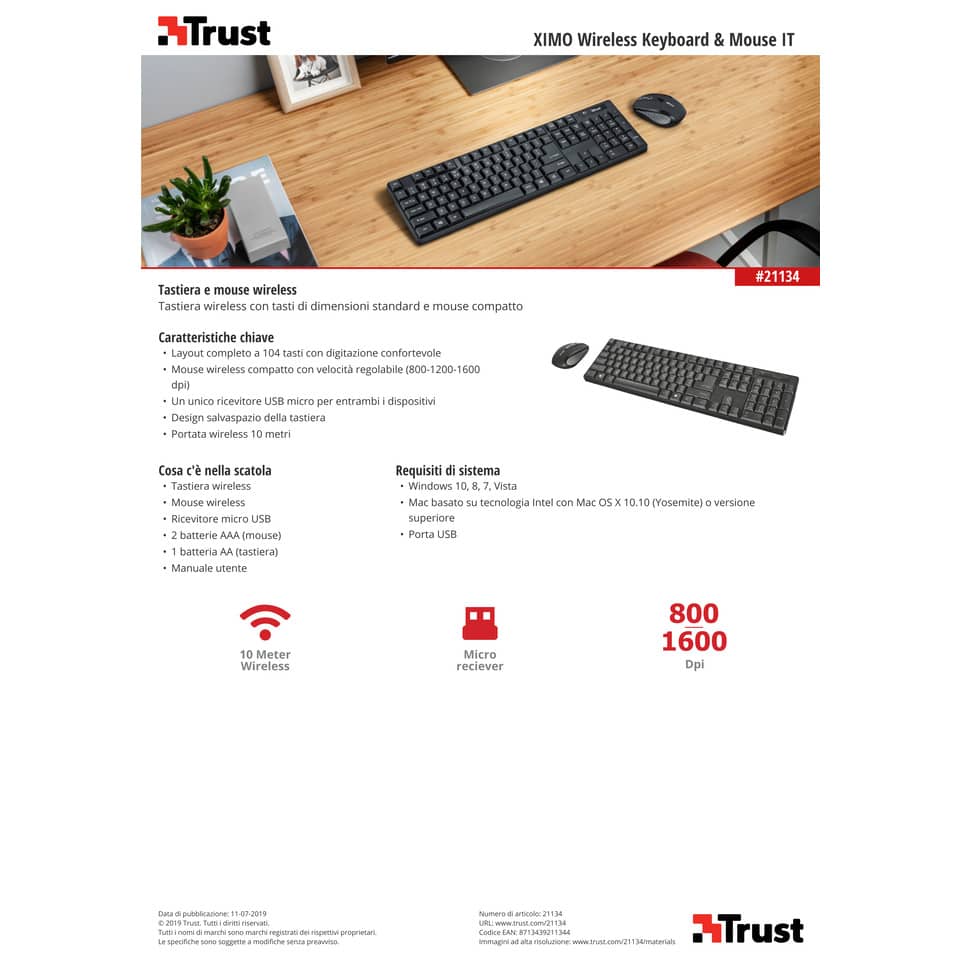 Set Tastiera e mouse wireless Trust XIMO nero 21134