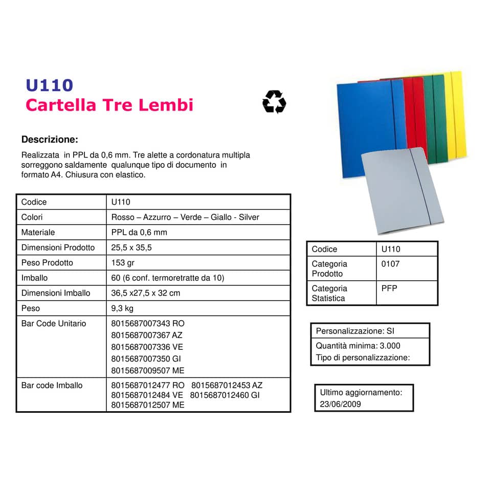 Cartellina a 3 lembi LEONARDI cordonatura multipla e chiusura con A4 giallo - U110GI