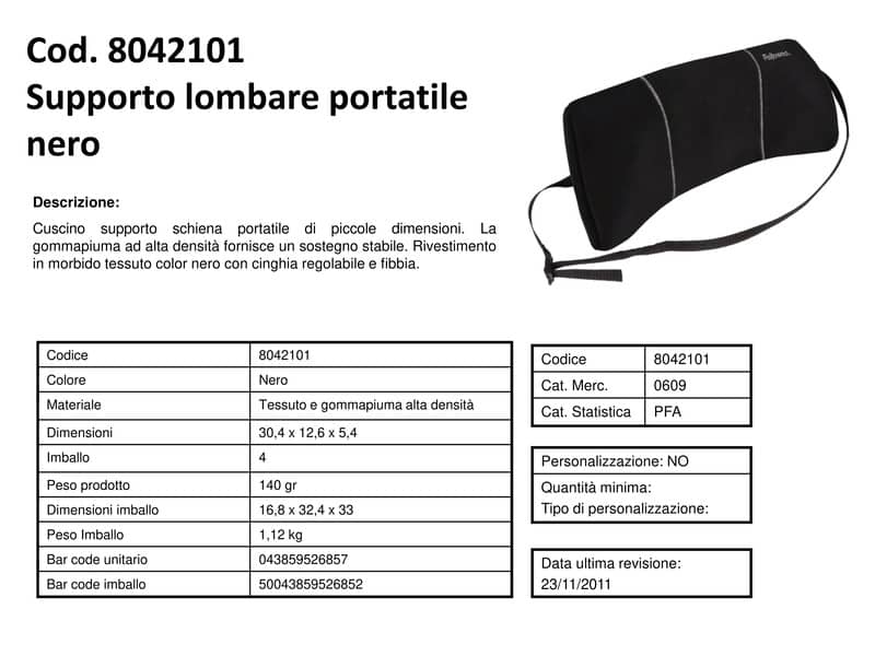 Supporto FELLOWES lombare portatile Smart Suites™ schiuma alta densità e tessuto nero 5,4x30,4x12,6 cm - 8042101