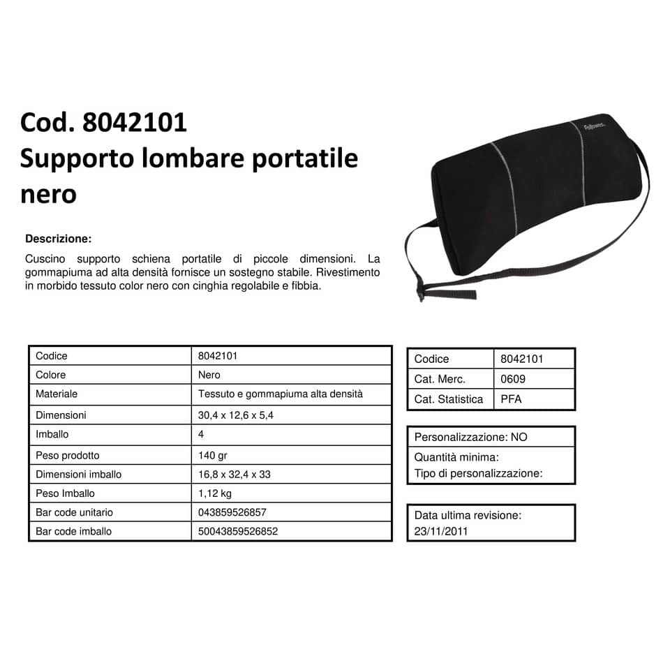 Supporto FELLOWES lombare portatile Smart Suites™ schiuma alta densità e tessuto nero 5,4x30,4x12,6 cm - 8042101