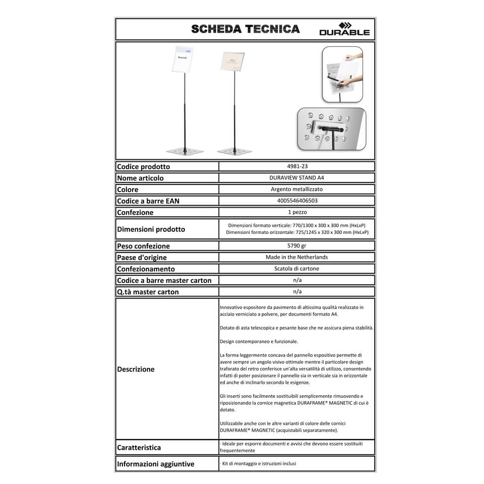 Espositore da terra DURABLE DURAVIEW® STAND A4 argento metallizzato - 498123