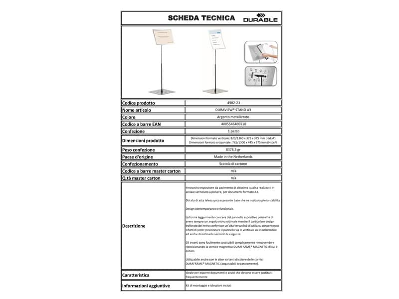 Espositore da terra DURABLE DURAVIEW® STAND A3 argento metallizzato - 498223