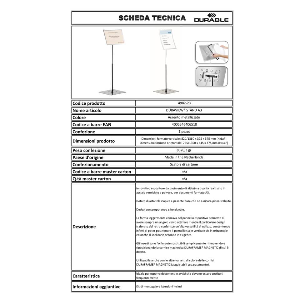 Espositore da terra DURABLE DURAVIEW® STAND A3 argento metallizzato - 498223
