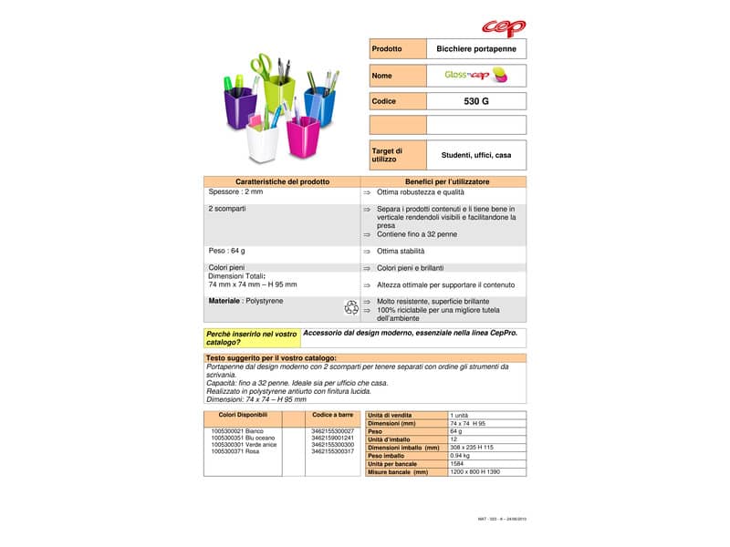 Portapenne CepPro Gloss CEP in polistirolo con 2 scomparti verde anice 7,4x7,4x9,5 cm - 1005300301