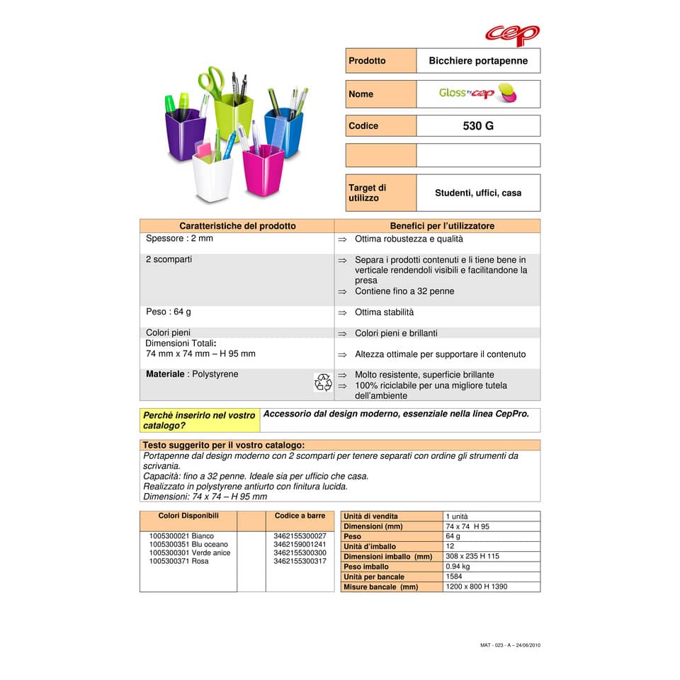 Portapenne CepPro Gloss CEP in polistirolo con 2 scomparti verde anice 7,4x7,4x9,5 cm - 1005300301