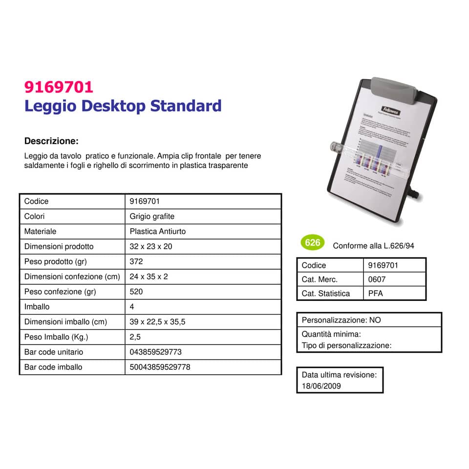 Leggio FELLOWES desktop standard plastica grafite capacità 100 fogli 9169701