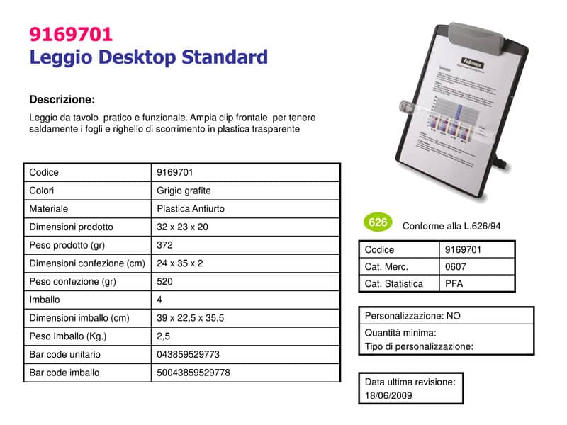 Leggio FELLOWES desktop standard plastica grafite capacità 100 fogli 9169701