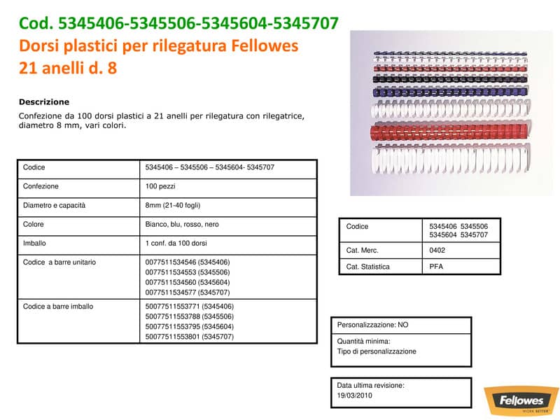 Dorsi plastici FELLOWES nero ad anello tondo 8 mm - 21-40 fogli conf.100 - 5345707