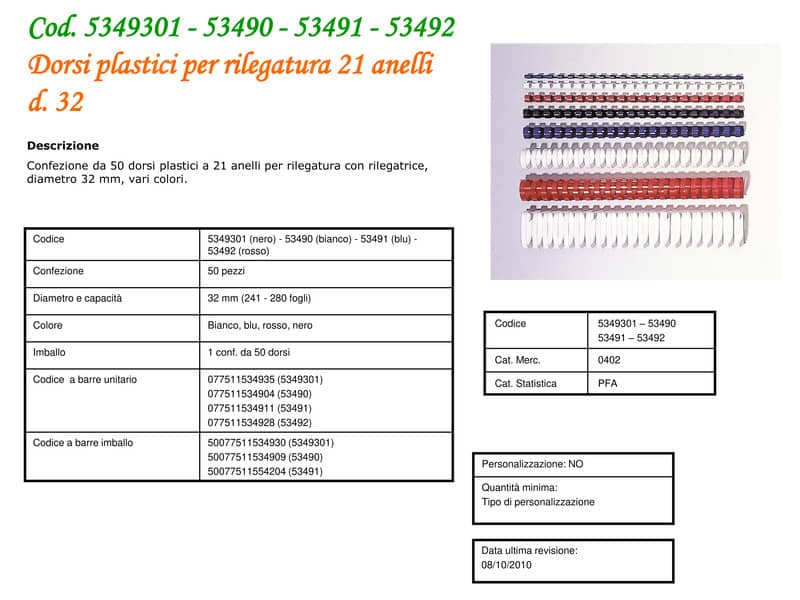 Dorsi plastici FELLOWES blu ad anello ovale 32 mm - 241-280 fogli conf.50 - 53491
