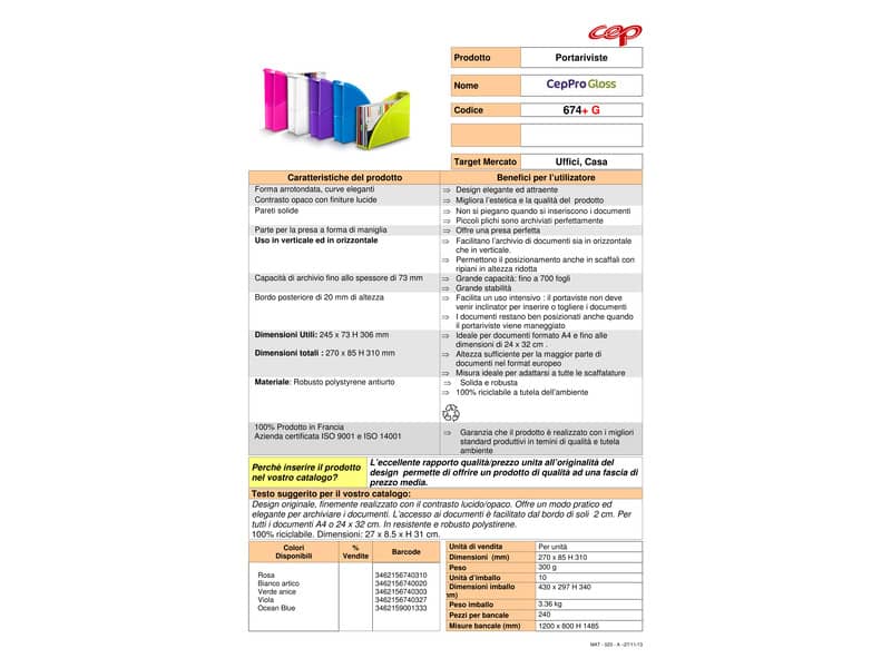 Portariviste CepPro Gloss CEP in polistirolo utilizzabile in formato vert. e orizz. verde anice - 1006740301