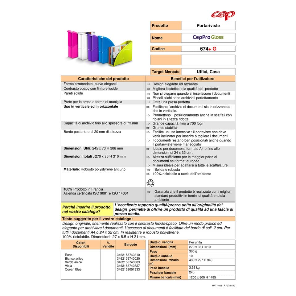 Portariviste CepPro Gloss CEP in polistirolo utilizzabile in formato vert. e orizz. verde anice - 1006740301