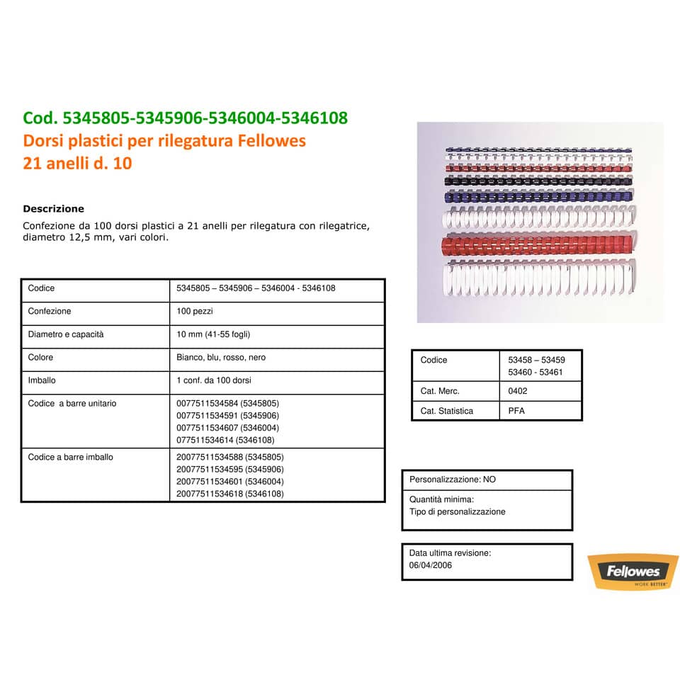 Dorsi plastici FELLOWES blu ad anello tondo 10 mm -  41-55 fogli conf.100 - 5345906