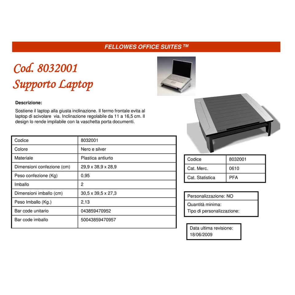 Supporto FELLOWES laptop Office Suites plastica nero/argento 16,5x38,4x28,9 cm 8032001