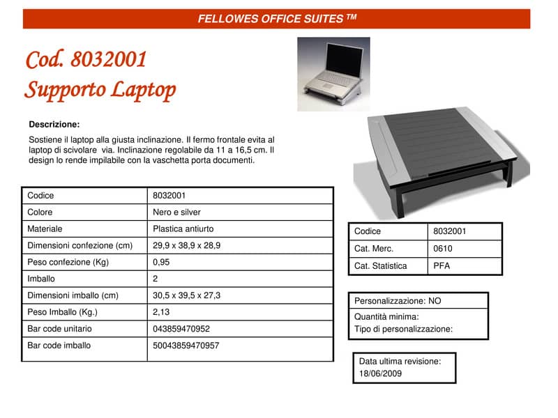 Supporto FELLOWES laptop Office Suites plastica nero/argento 16,5x38,4x28,9 cm 8032001