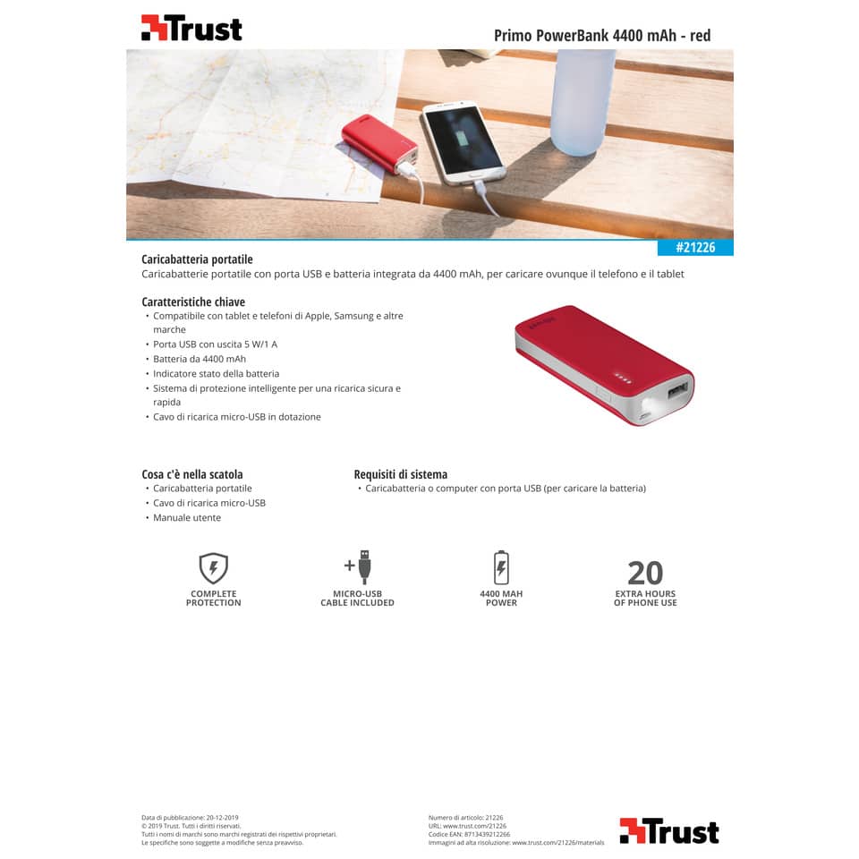 Caricatore portatile Powerbank 4400 Trust Primo rosso 21226