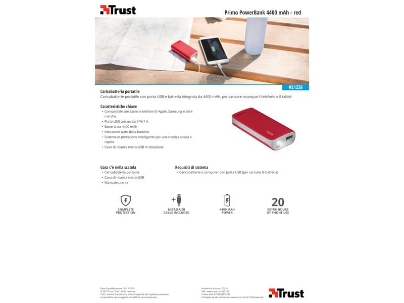 Caricatore portatile Powerbank 4400 Trust Primo rosso 21226