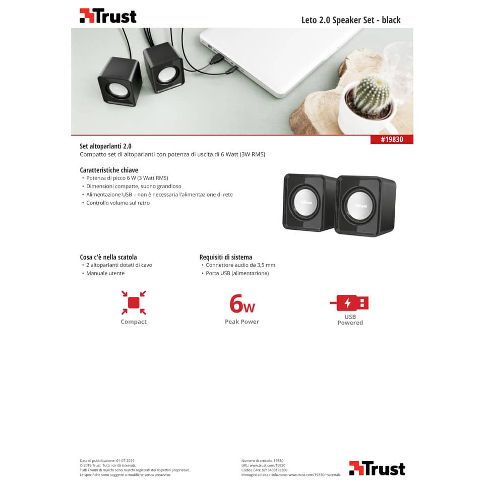 Set da 2 altoparlanti USB Trust Leto 2.0 6 W nero 19830
