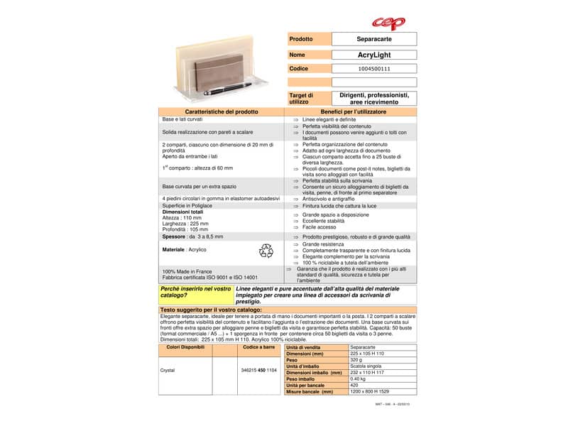 Sparticarte AcryLight CEP in acrilico riciclabile con 2 scomparti a gradini trasparente 22,5x10,5x11 cm - 1004500111