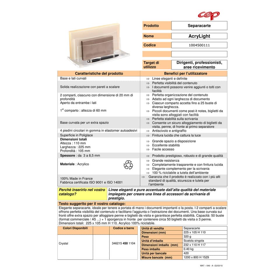 Sparticarte AcryLight CEP in acrilico riciclabile con 2 scomparti a gradini trasparente 22,5x10,5x11 cm - 1004500111