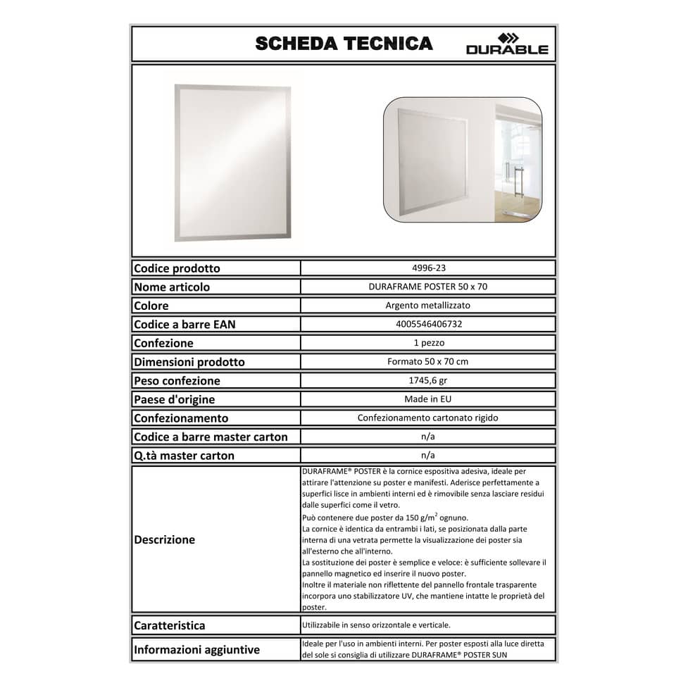 Cornice espositiva adesiva DURABLE DURAFRAME® POSTER 50X70 argento metallizzato 545x745mm - 499623