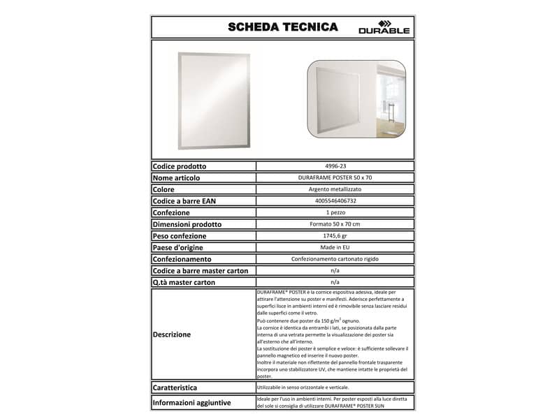 Cornice espositiva adesiva DURABLE DURAFRAME® POSTER 50X70 argento metallizzato 545x745mm - 499623