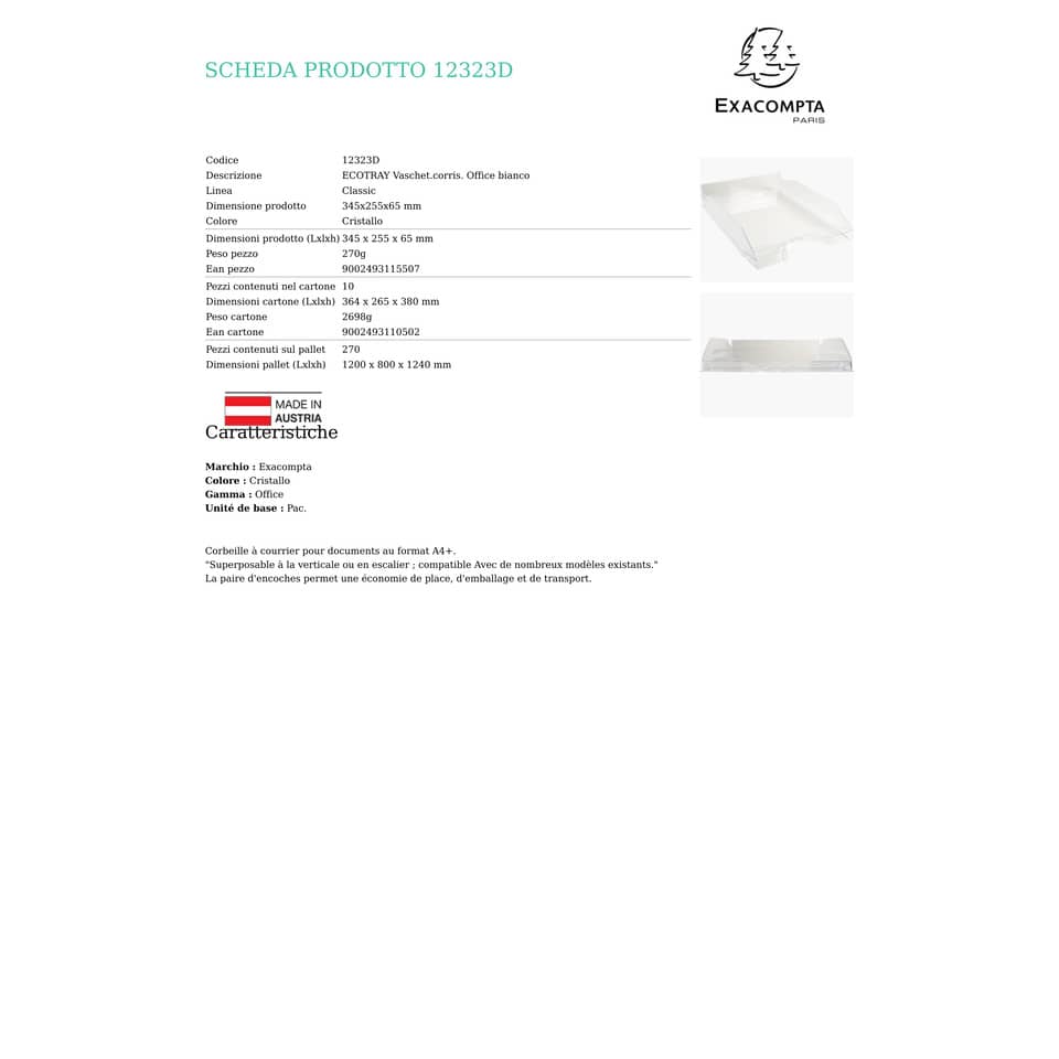 Vaschetta portacorrispondenza Exacompta ECOTRAY Office plastica A4+ cristallo 12323D