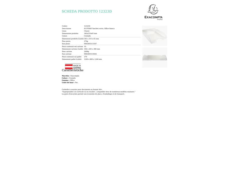 Vaschetta portacorrispondenza Exacompta ECOTRAY Office plastica A4+ cristallo 12323D