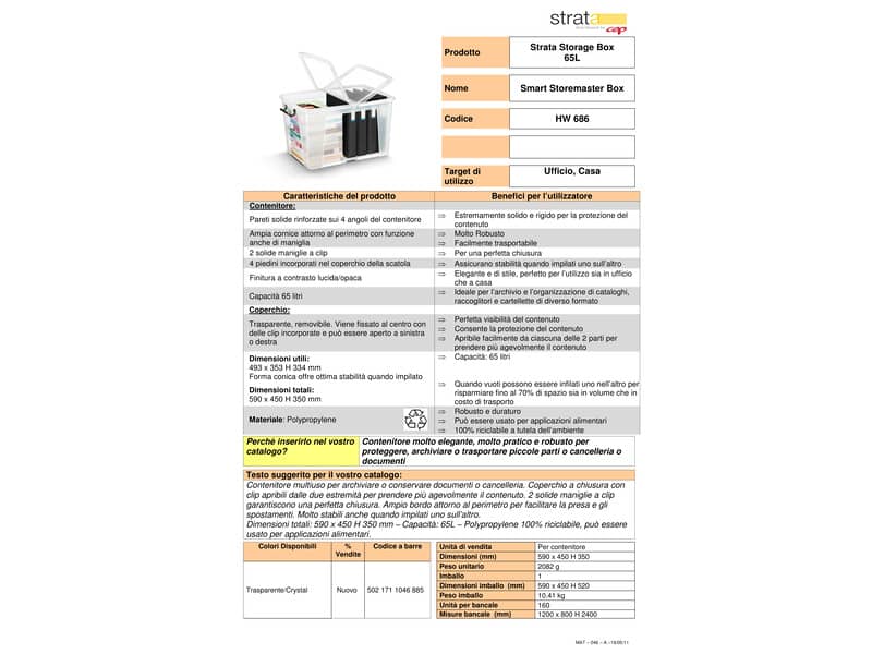 Contenitore con doppio coperchio in ppl 65 L Strata riciclabile impilabile trasparente - 2006860110