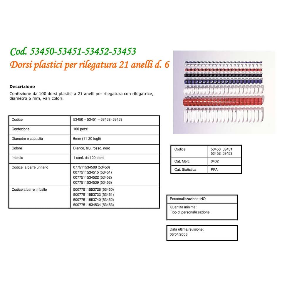 Dorsi plastici FELLOWES nero ad anello tondo 6 mm  1-20 fogli conf.100 - 5345307