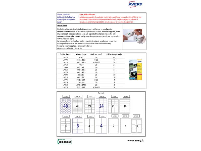 Etichette permanenti poliestere bianche Avery 210x297 mm - 1 et/foglio - stampanti laser - cf. 20 fogli L4775-20