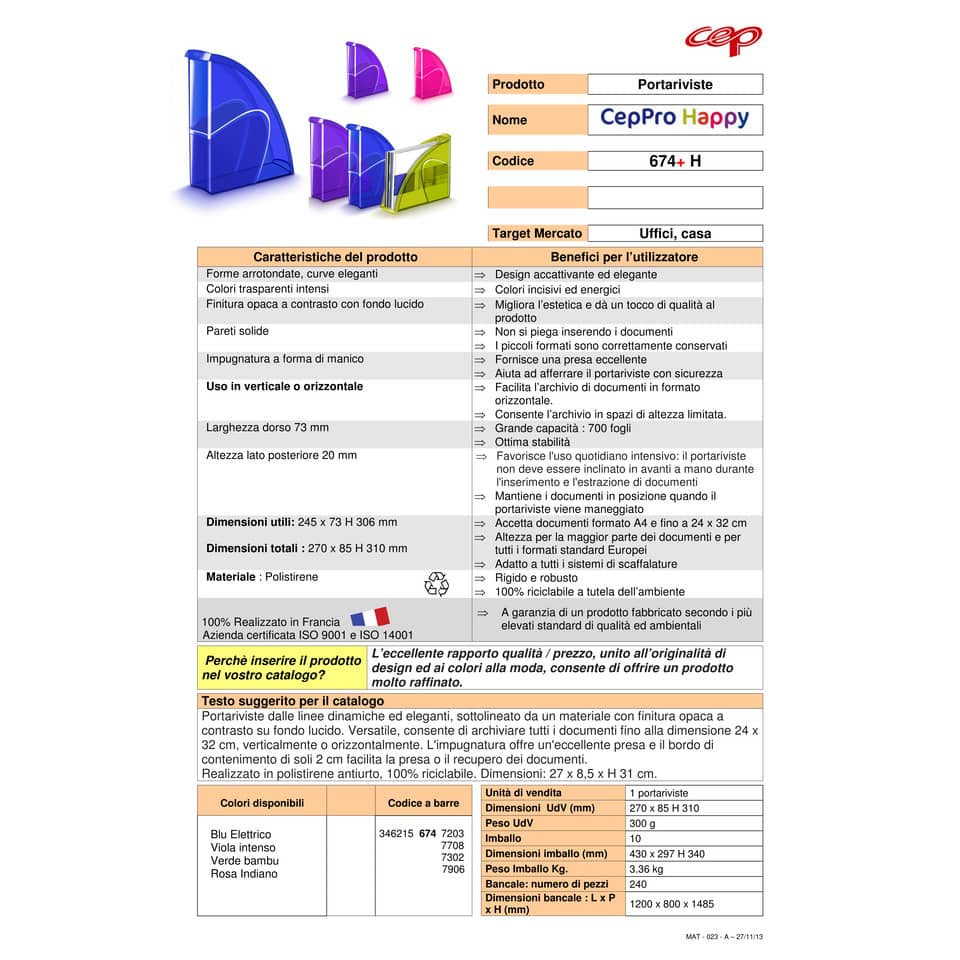 Portariviste CepPro Happy CEP in plastica utilizzabile in formato orizz. o vert. rosa indiano - 1006740791