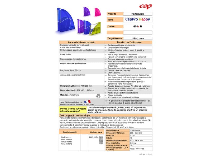 Portariviste CepPro Happy CEP in plastica utilizzabile in formato orizz. o vert. rosa indiano - 1006740791