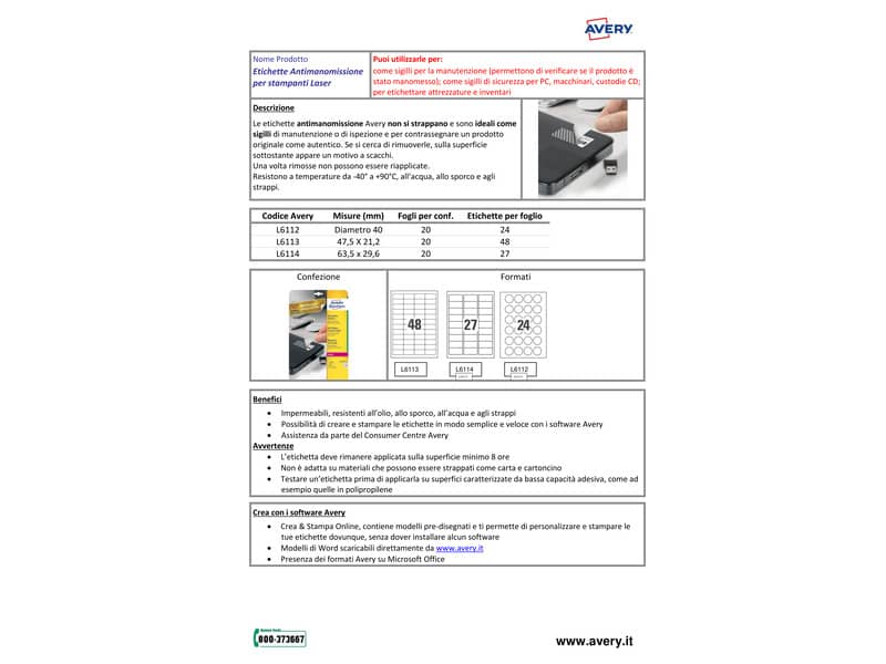 Etichette bianche antimanomissione Avery Ø 40 mm - 24 et/foglio - per stampanti laser - conf. 20 fogli - L6112-20