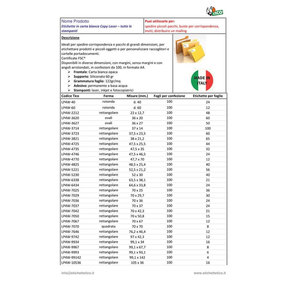 Etichette bianche con angoli arrotondati TICO Copy Laser Premium 64,6x33,8 - 24 et./foglio - conf. 100 fogli - LP4W-6434