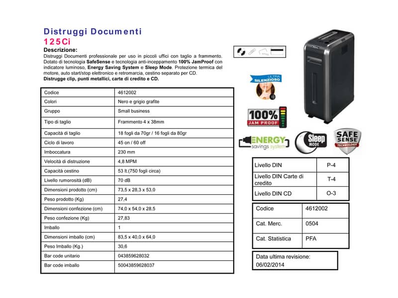 Distruggidocumenti uso moderato FELLOWES Powershred® 125Ci P-4 - 53 L - taglio a frammenti 4x38 mm - 4612002