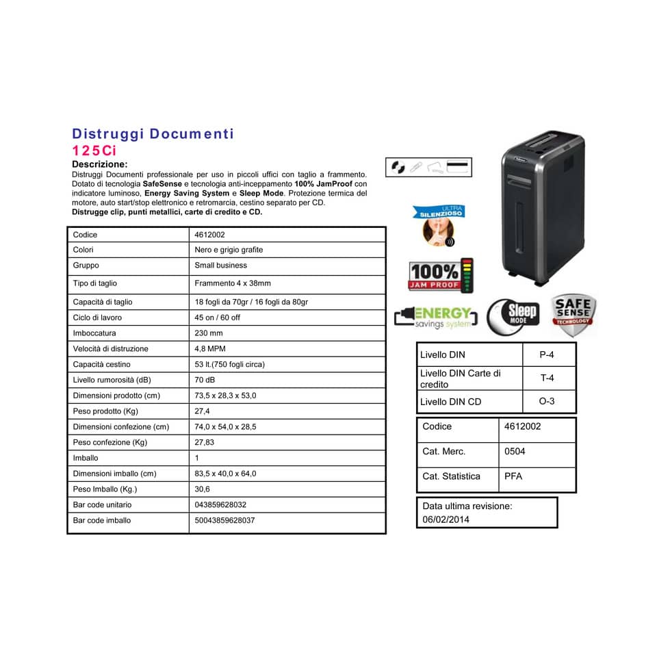 Distruggidocumenti uso moderato FELLOWES Powershred® 125Ci P-4 - 53 L - taglio a frammenti 4x38 mm - 4612002
