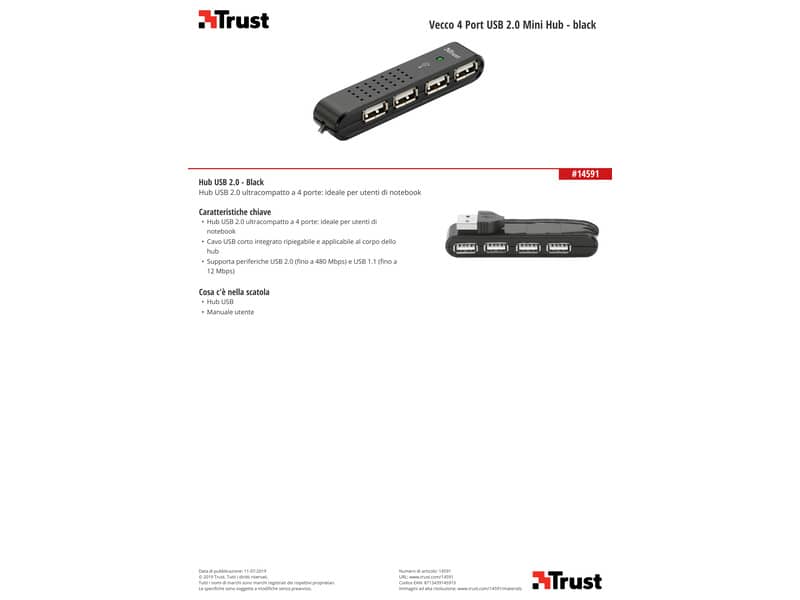 Mini Hub USB 2.0 a 4 porte Trust Vecco nero 14591