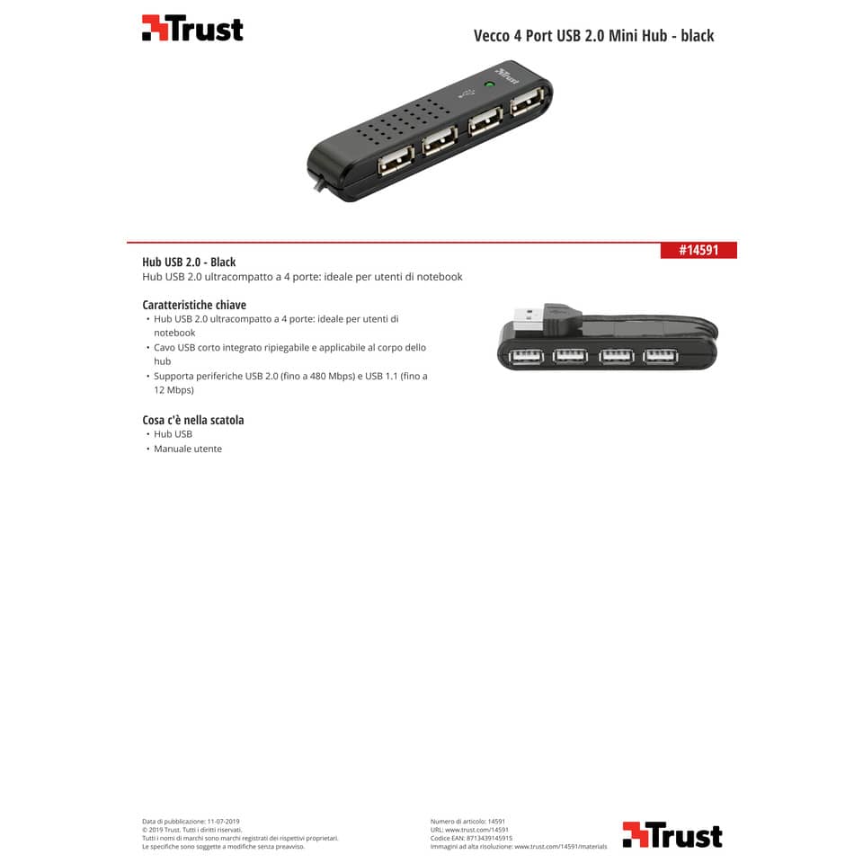 Mini Hub USB 2.0 a 4 porte Trust Vecco nero 14591