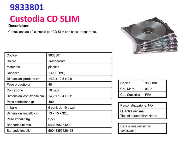 Porta CD e DVD FELLOWES base trasparente jewel case slim conf. 10 pezzi - 9833801