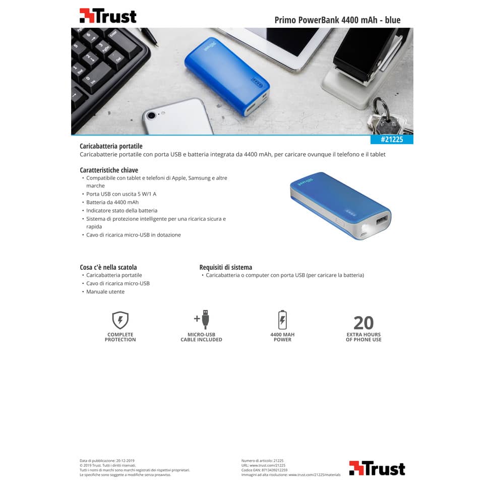 Caricatore portatile Powerbank 4400 Trust Primo blu 21225