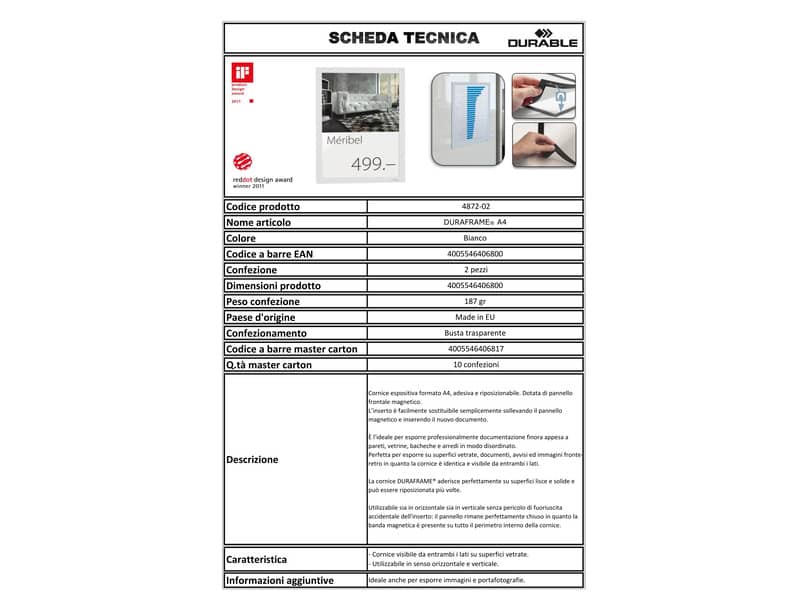 Cornici con pannello magnetico DURABLE DURAFRAME® A4 bianco 236x323mm conf. 2 - 487202