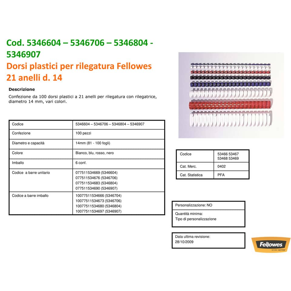 Dorsi plastici FELLOWES bianco ad anello tondo 14 mm - 81-100 fogli conf.100 - 5346604