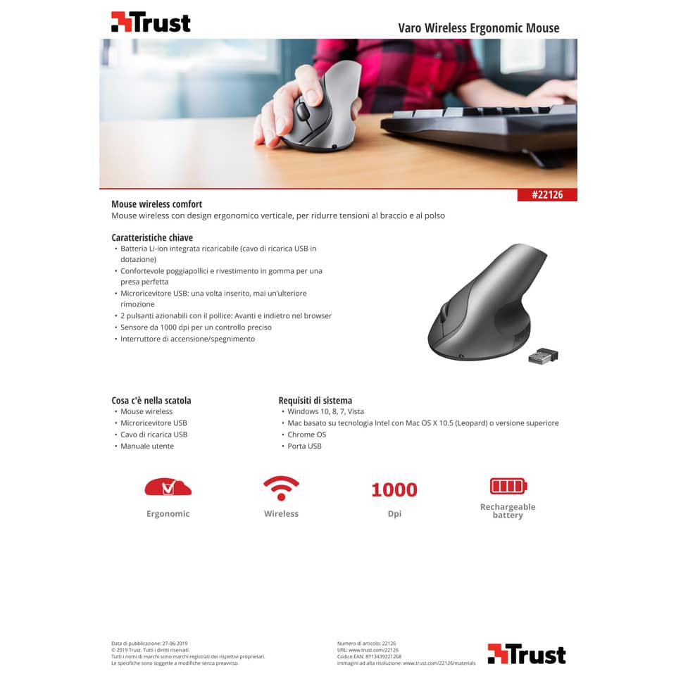 Mouse wireless ergonomico Trust Varo nero 22126