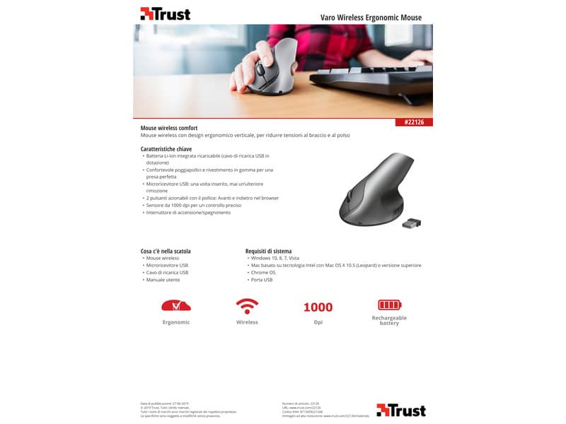 Mouse wireless ergonomico Trust Varo nero 22126