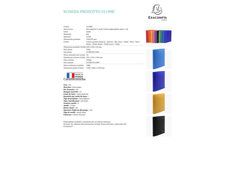 Raccoglitore ad anelli Exacompta LINEA OPACO 4 anelli Ø 15 mm ppl A4 10 colori assortiti - 51199E