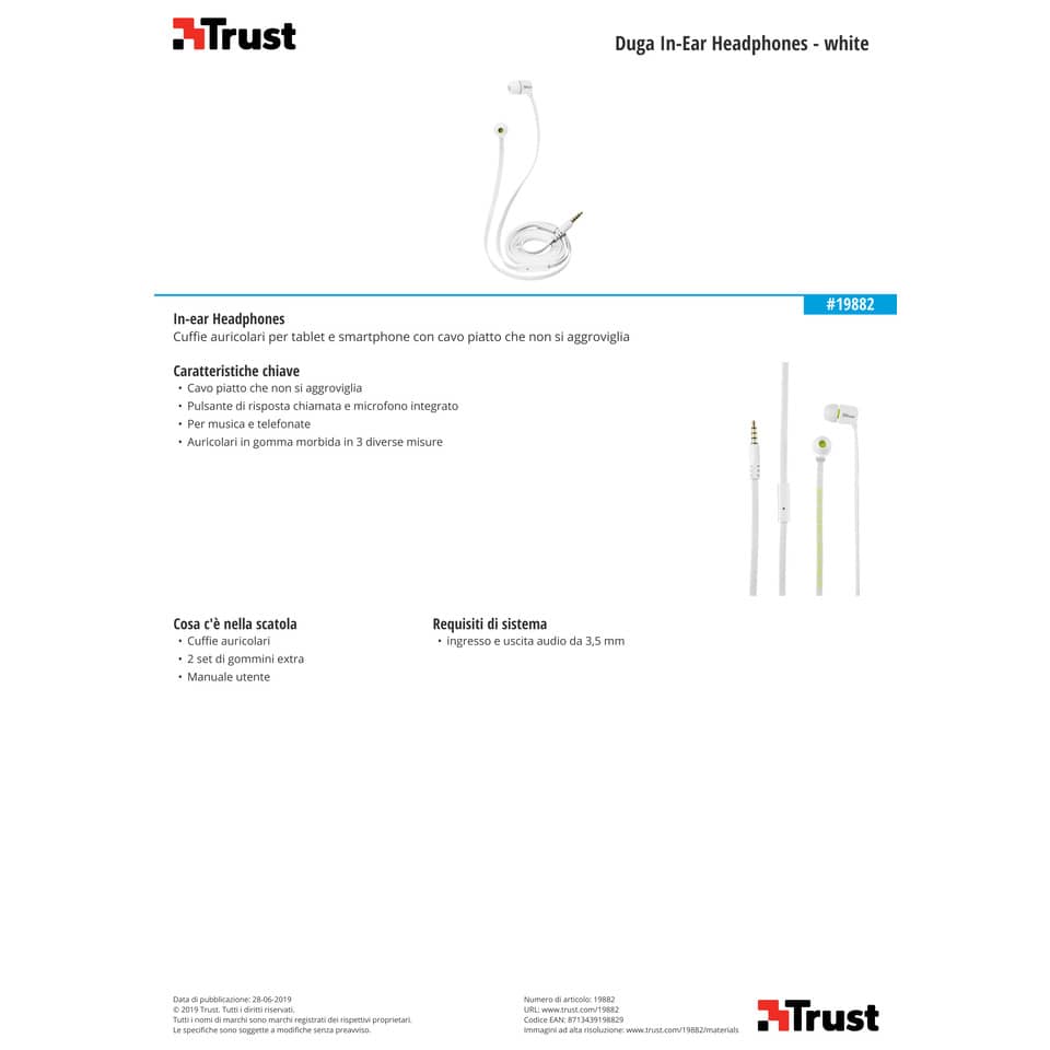 Cuffie auricolari in gomma Trust Duga in 3 misure bianco 19882